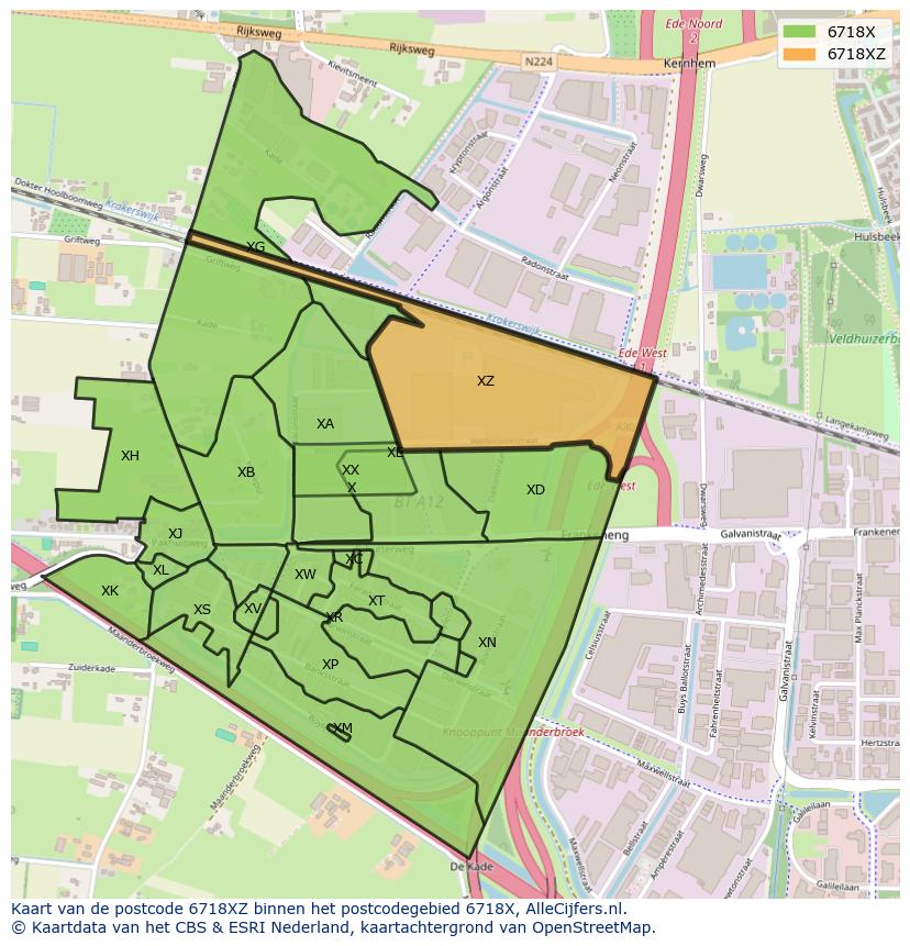 Afbeelding van het postcodegebied 6718 XZ op de kaart.