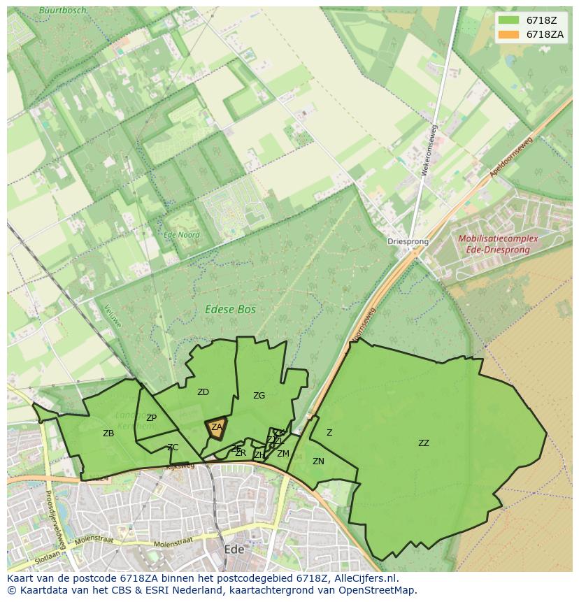 Afbeelding van het postcodegebied 6718 ZA op de kaart.