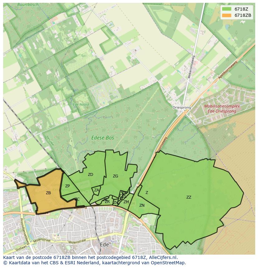 Afbeelding van het postcodegebied 6718 ZB op de kaart.
