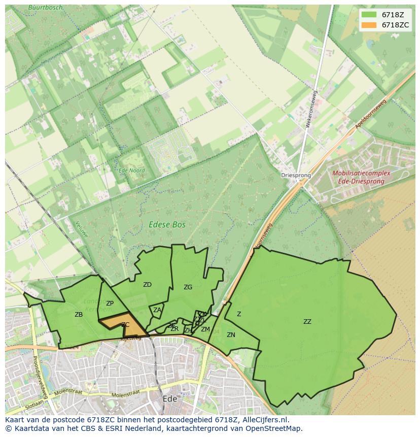 Afbeelding van het postcodegebied 6718 ZC op de kaart.