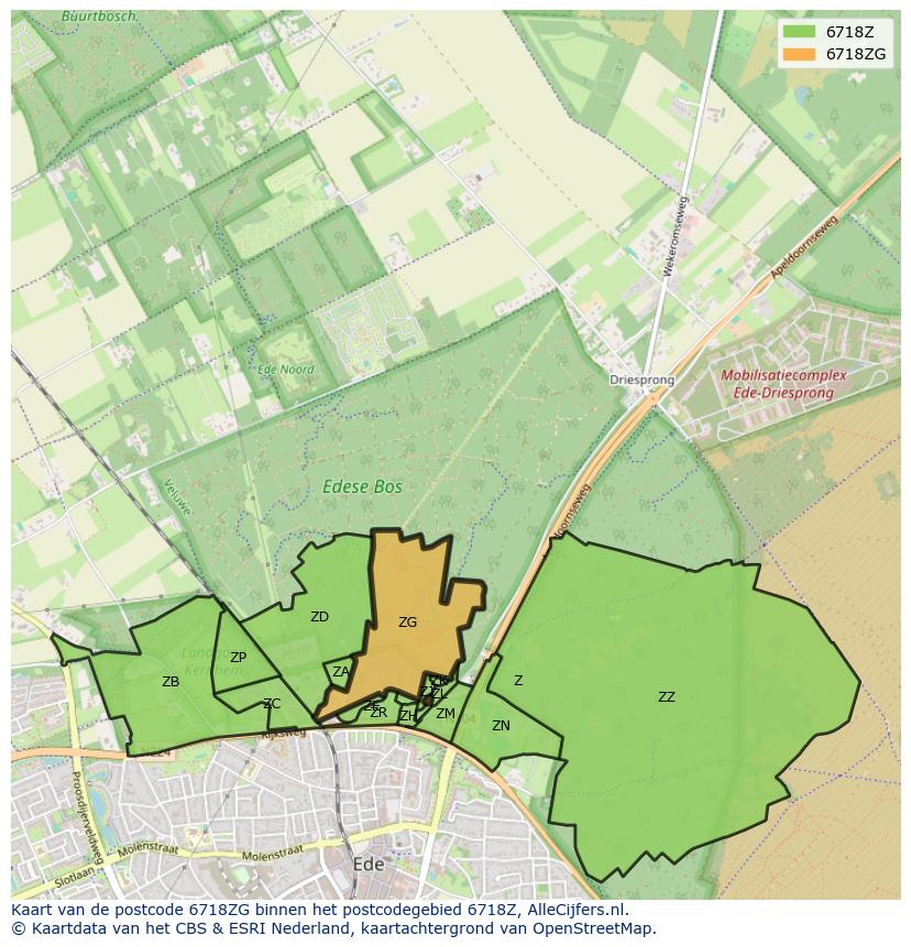 Afbeelding van het postcodegebied 6718 ZG op de kaart.