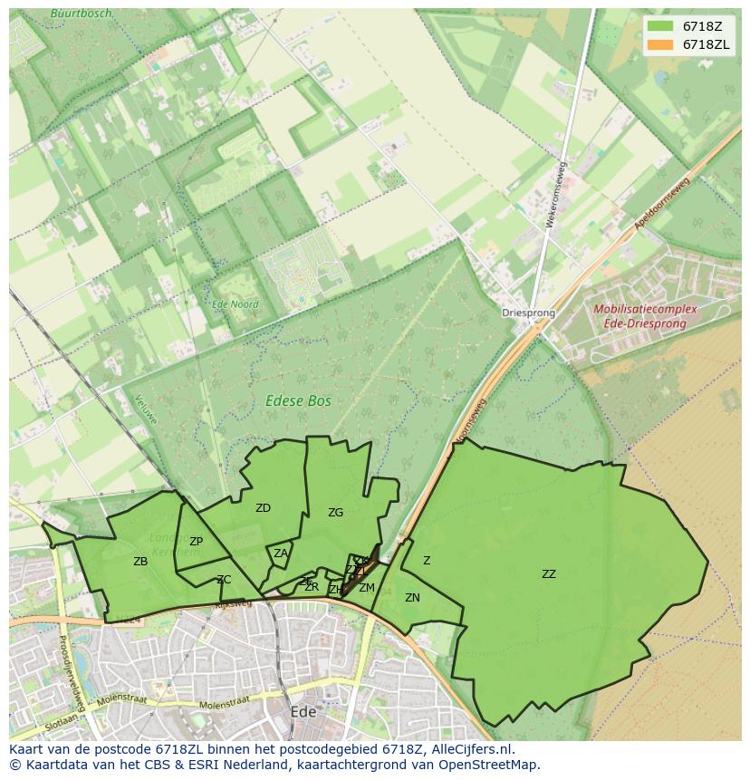 Afbeelding van het postcodegebied 6718 ZL op de kaart.