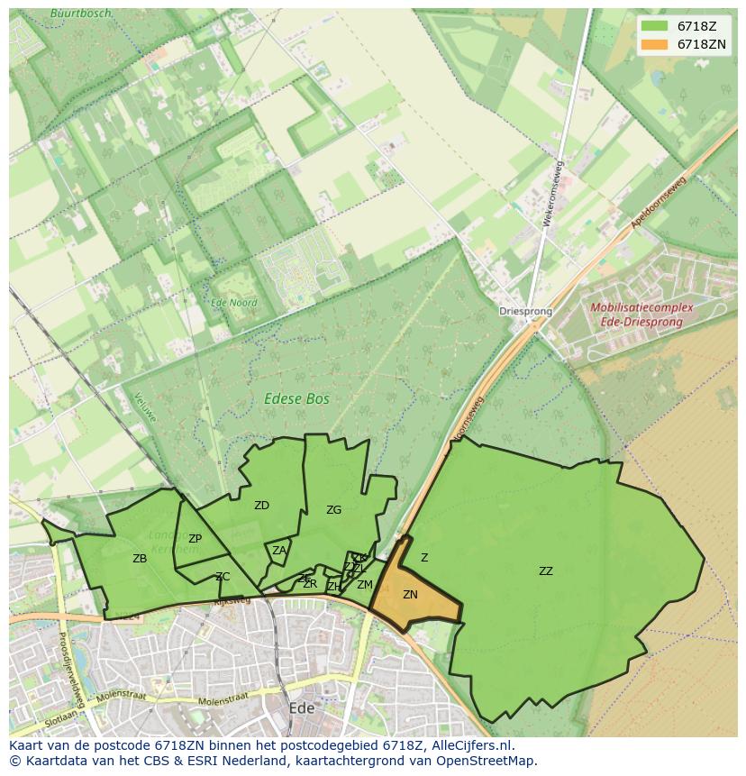Afbeelding van het postcodegebied 6718 ZN op de kaart.