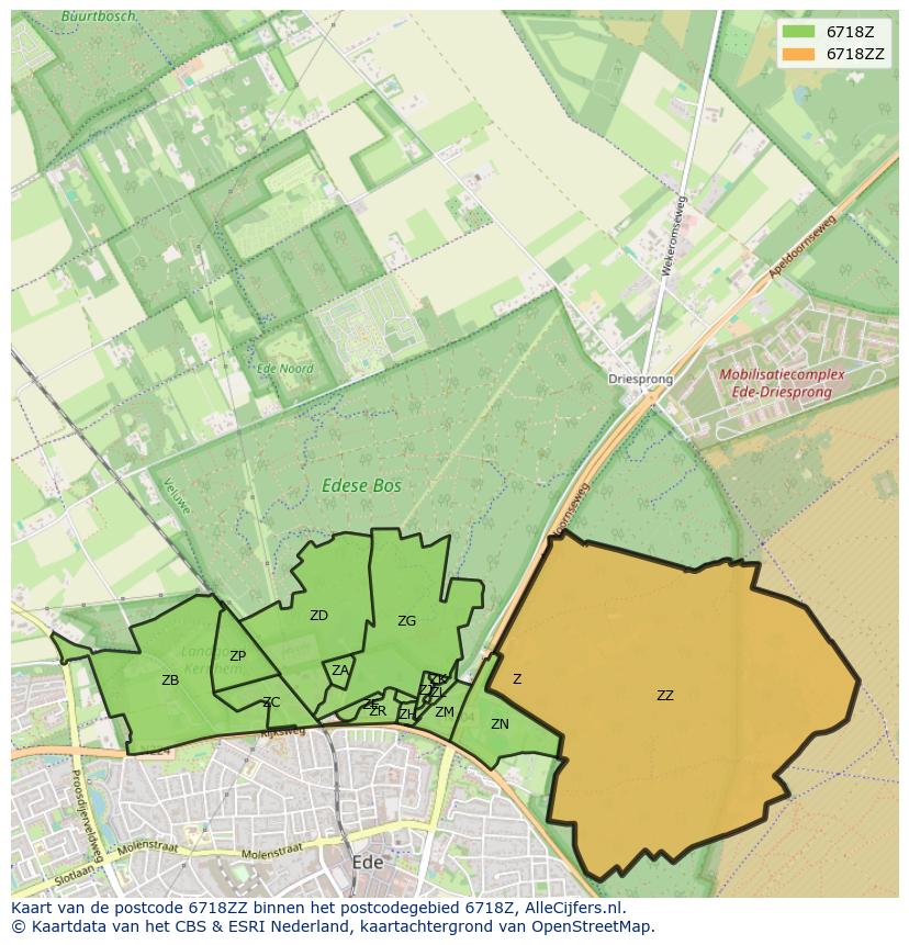 Afbeelding van het postcodegebied 6718 ZZ op de kaart.