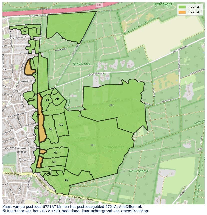 Afbeelding van het postcodegebied 6721 AT op de kaart.
