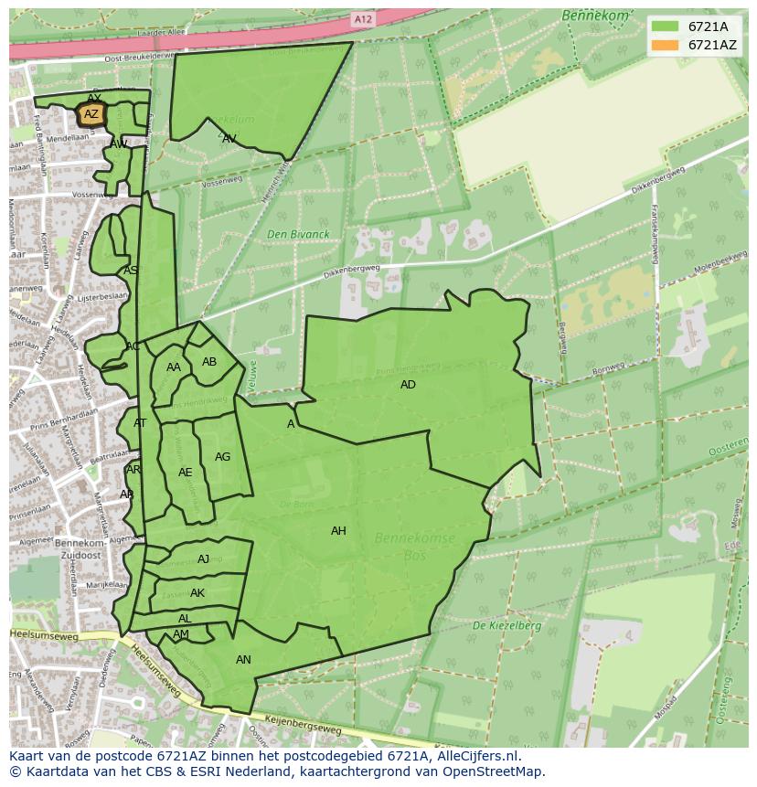 Afbeelding van het postcodegebied 6721 AZ op de kaart.