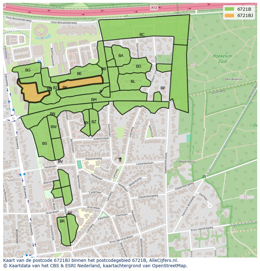 Afbeelding van het postcodegebied 6721 BJ op de kaart.