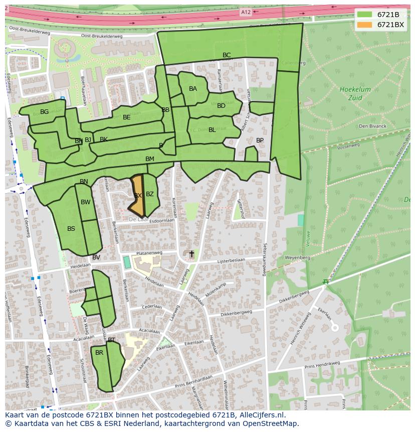 Afbeelding van het postcodegebied 6721 BX op de kaart.