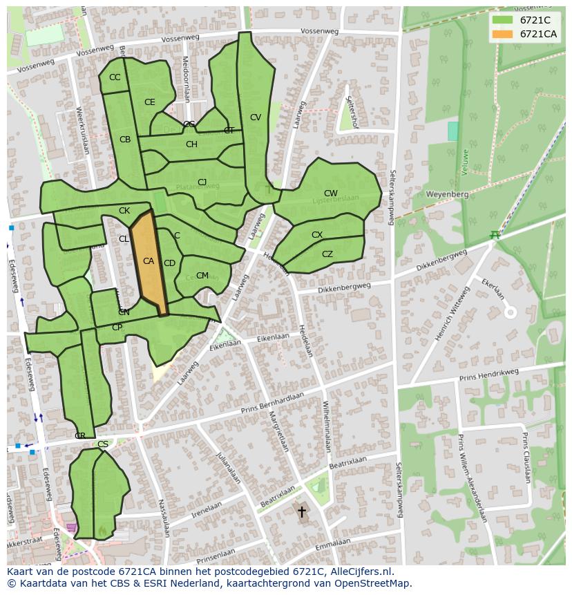 Afbeelding van het postcodegebied 6721 CA op de kaart.
