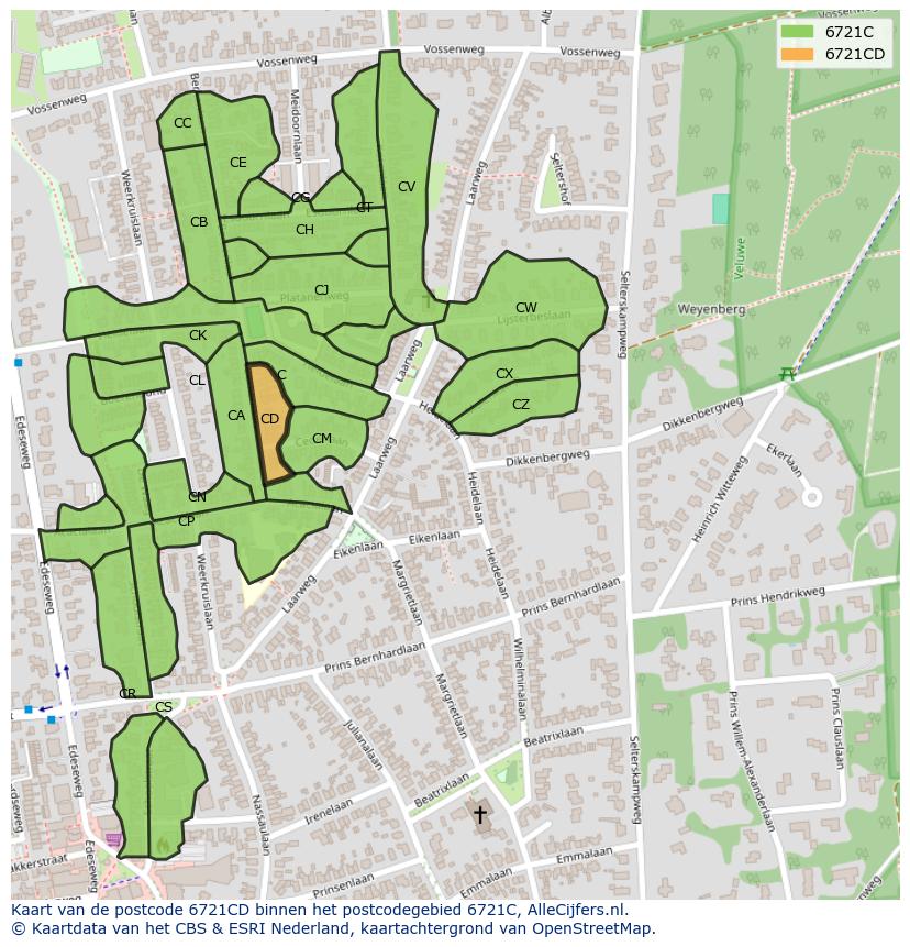 Afbeelding van het postcodegebied 6721 CD op de kaart.