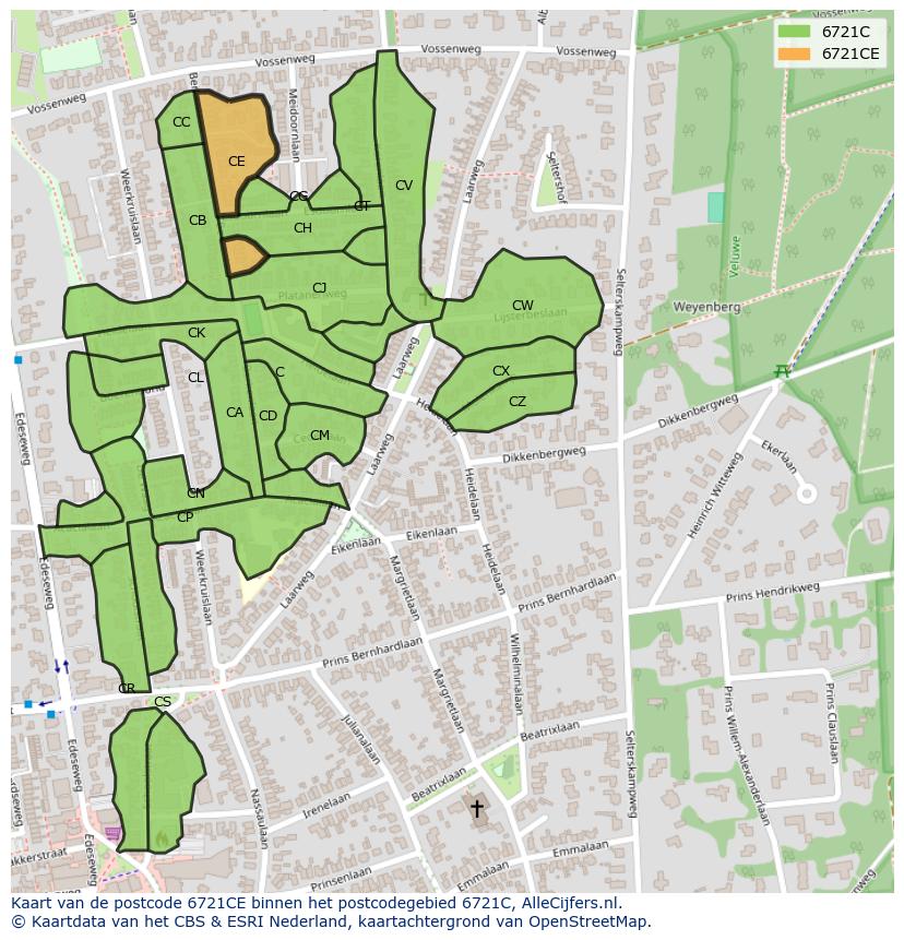 Afbeelding van het postcodegebied 6721 CE op de kaart.