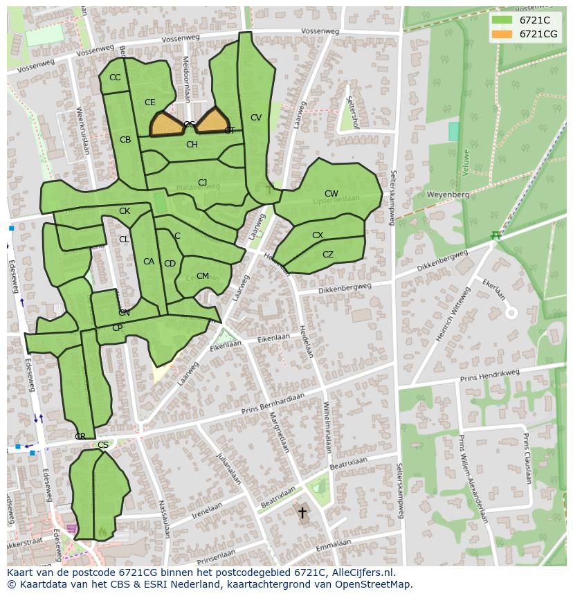 Afbeelding van het postcodegebied 6721 CG op de kaart.