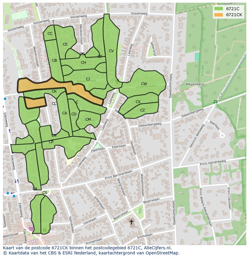 Afbeelding van het postcodegebied 6721 CK op de kaart.