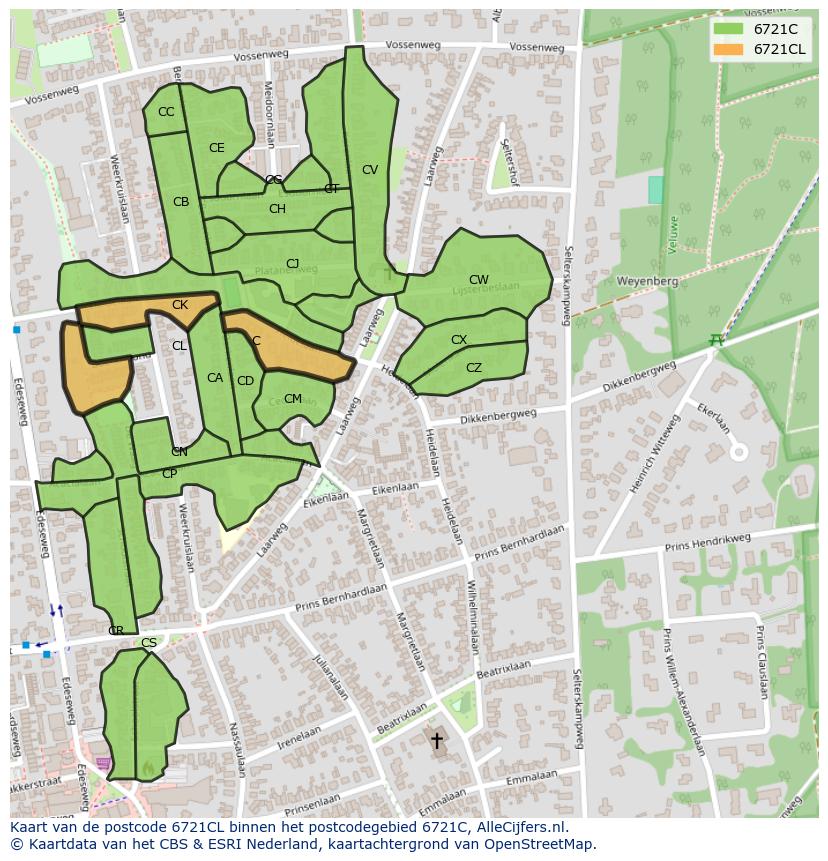 Afbeelding van het postcodegebied 6721 CL op de kaart.