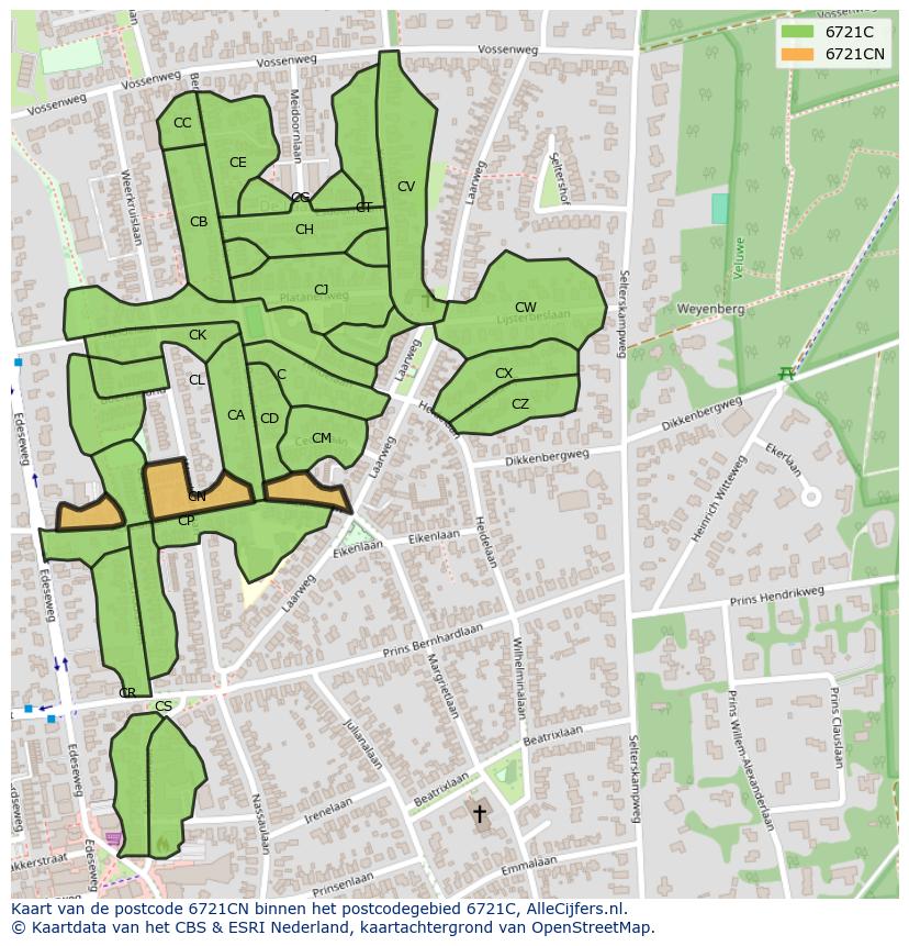 Afbeelding van het postcodegebied 6721 CN op de kaart.