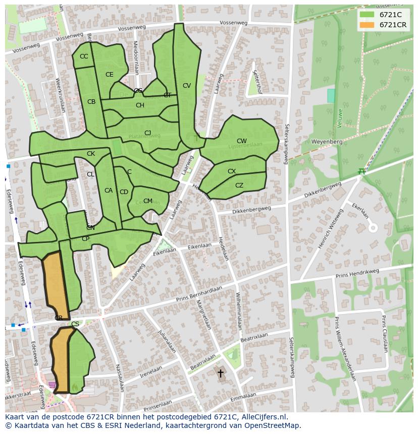 Afbeelding van het postcodegebied 6721 CR op de kaart.