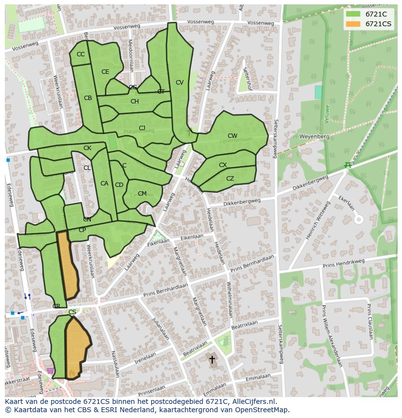 Afbeelding van het postcodegebied 6721 CS op de kaart.