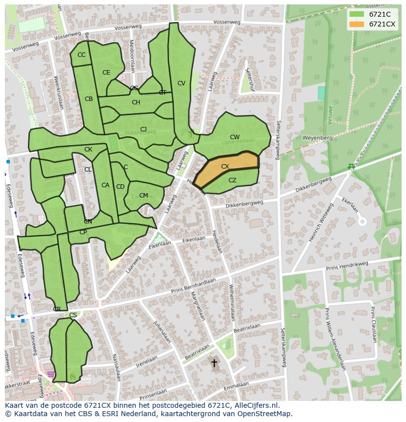 Afbeelding van het postcodegebied 6721 CX op de kaart.