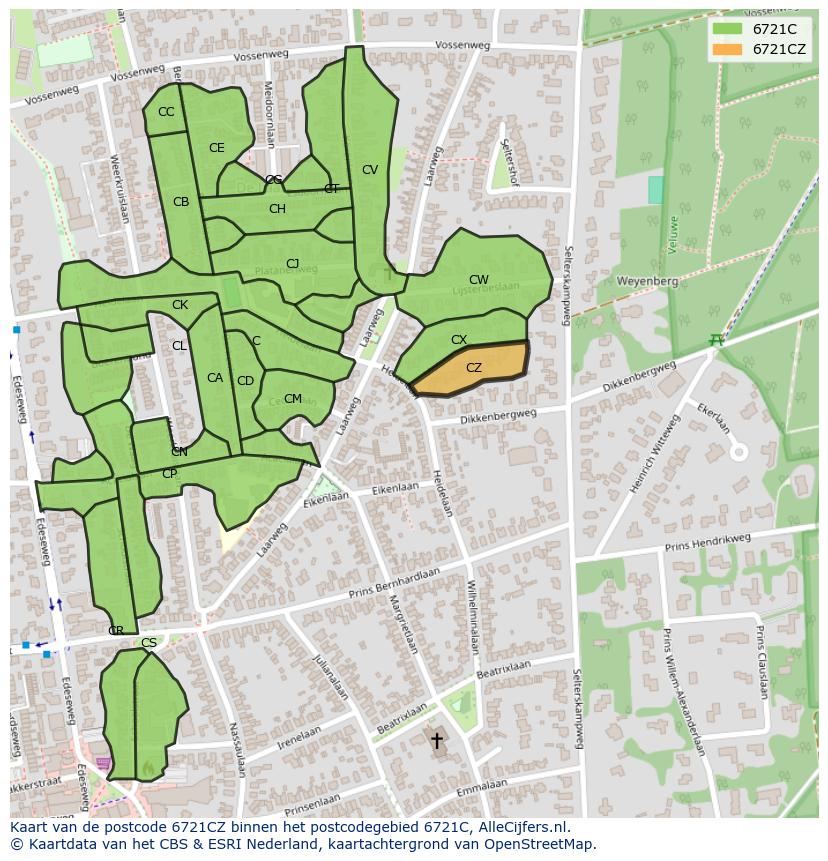 Afbeelding van het postcodegebied 6721 CZ op de kaart.