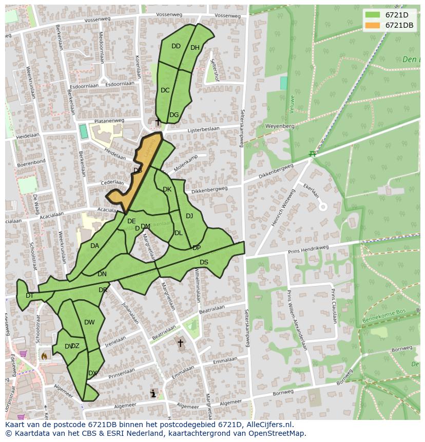 Afbeelding van het postcodegebied 6721 DB op de kaart.