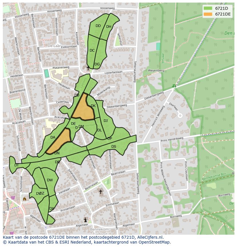 Afbeelding van het postcodegebied 6721 DE op de kaart.