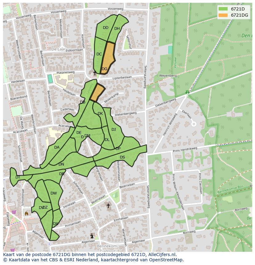 Afbeelding van het postcodegebied 6721 DG op de kaart.