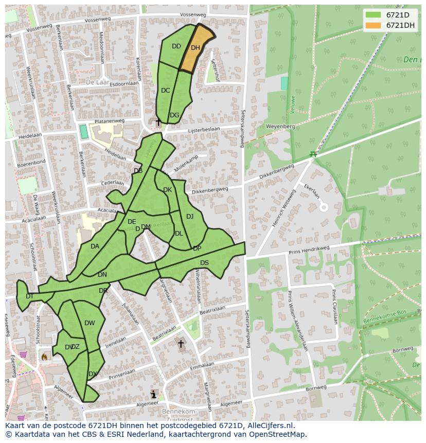Afbeelding van het postcodegebied 6721 DH op de kaart.