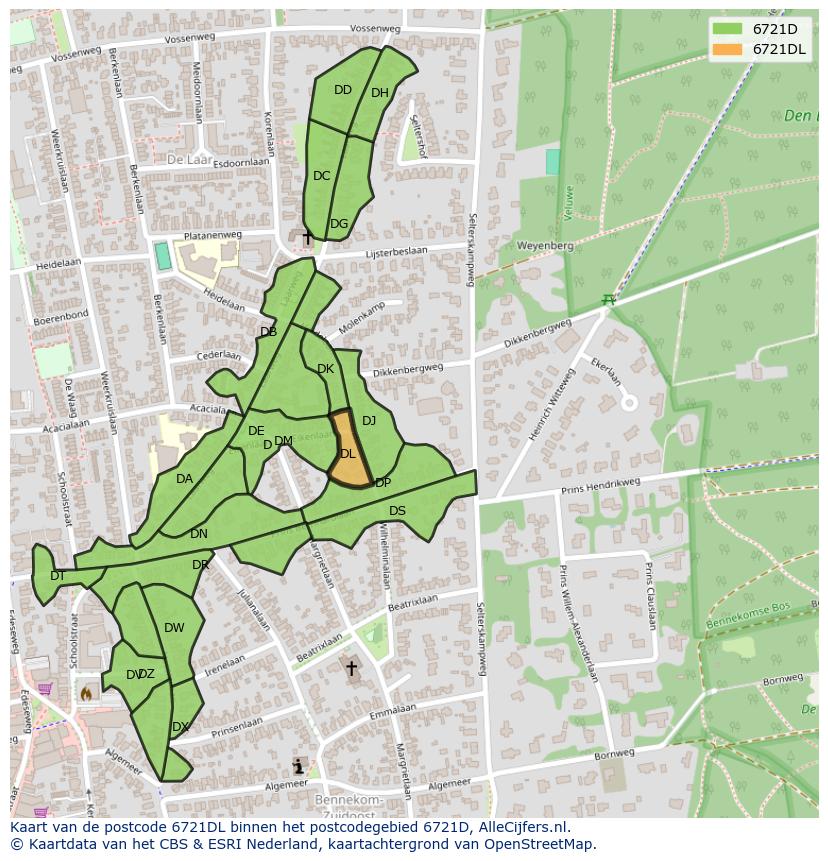 Afbeelding van het postcodegebied 6721 DL op de kaart.
