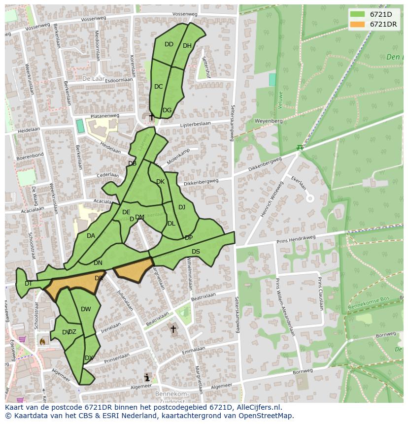 Afbeelding van het postcodegebied 6721 DR op de kaart.