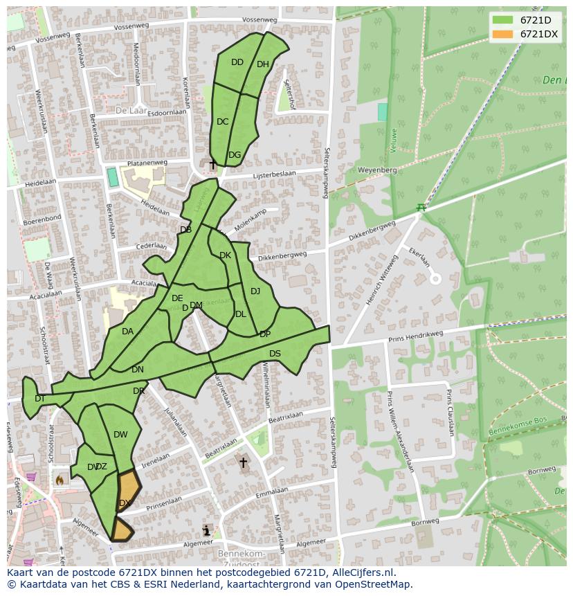 Afbeelding van het postcodegebied 6721 DX op de kaart.