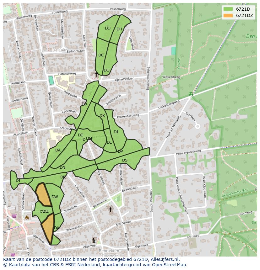 Afbeelding van het postcodegebied 6721 DZ op de kaart.