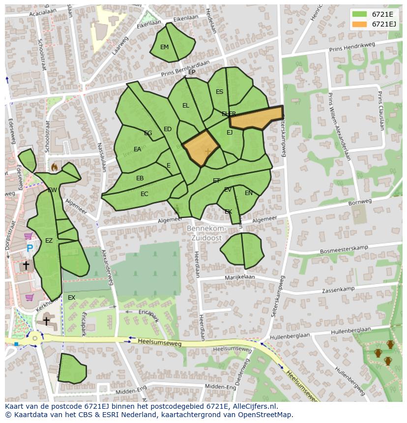 Afbeelding van het postcodegebied 6721 EJ op de kaart.