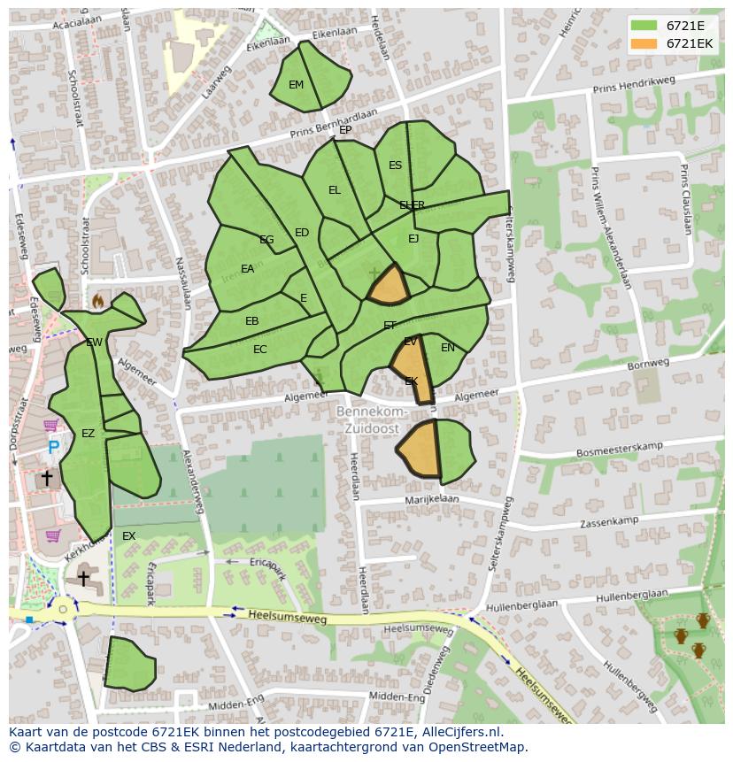 Afbeelding van het postcodegebied 6721 EK op de kaart.