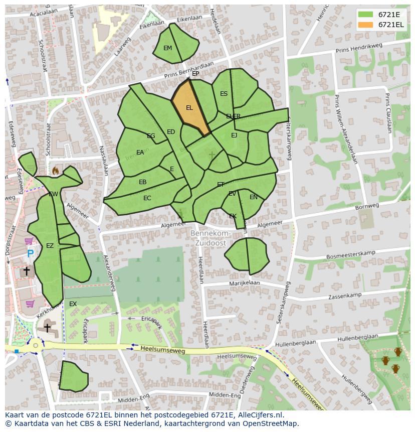Afbeelding van het postcodegebied 6721 EL op de kaart.