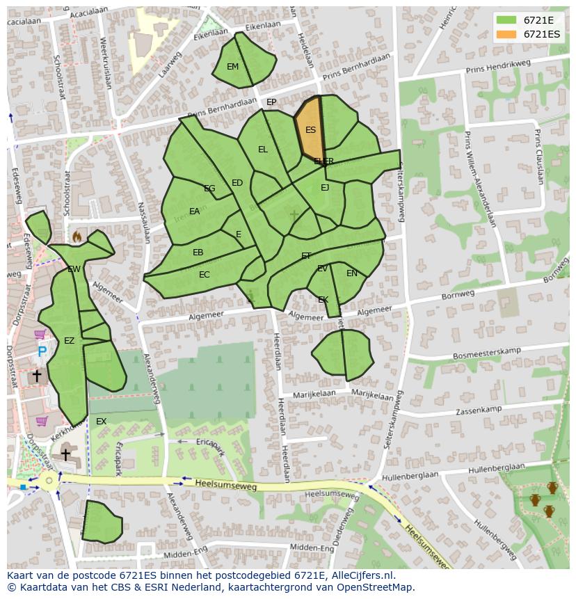 Afbeelding van het postcodegebied 6721 ES op de kaart.