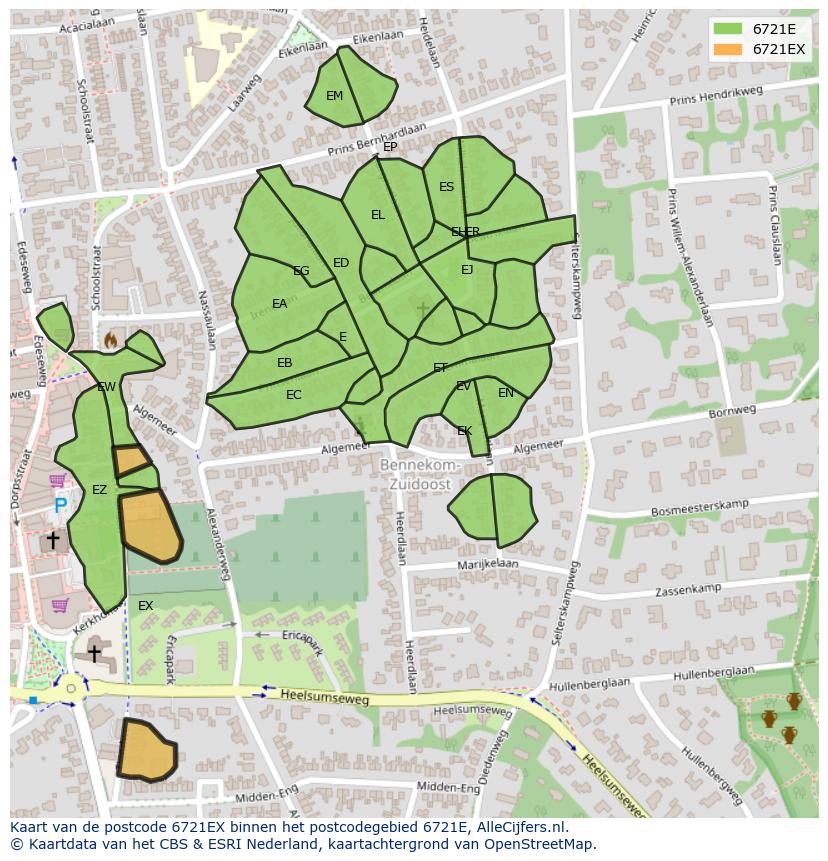 Afbeelding van het postcodegebied 6721 EX op de kaart.