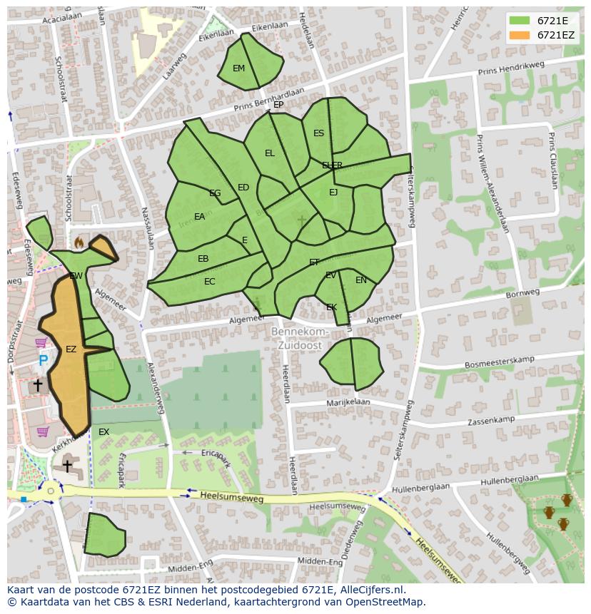Afbeelding van het postcodegebied 6721 EZ op de kaart.