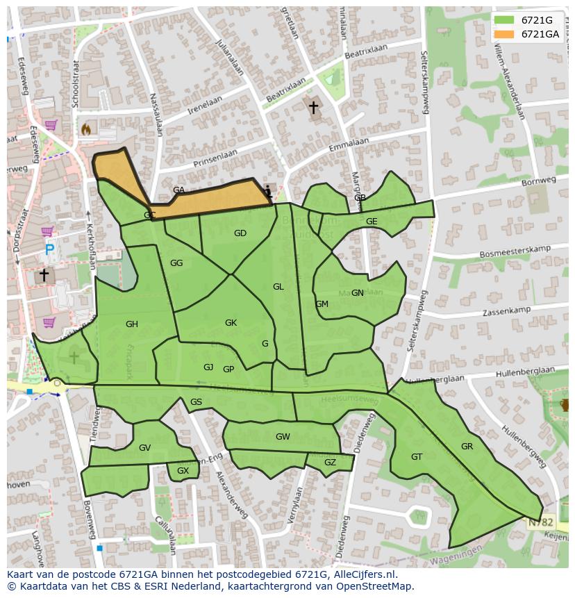 Afbeelding van het postcodegebied 6721 GA op de kaart.