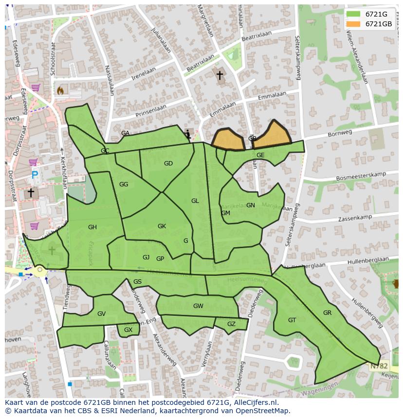 Afbeelding van het postcodegebied 6721 GB op de kaart.