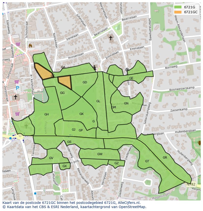 Afbeelding van het postcodegebied 6721 GC op de kaart.