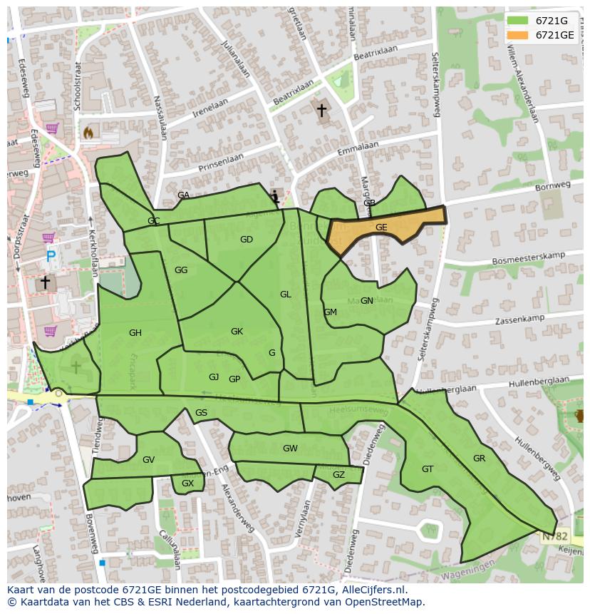 Afbeelding van het postcodegebied 6721 GE op de kaart.