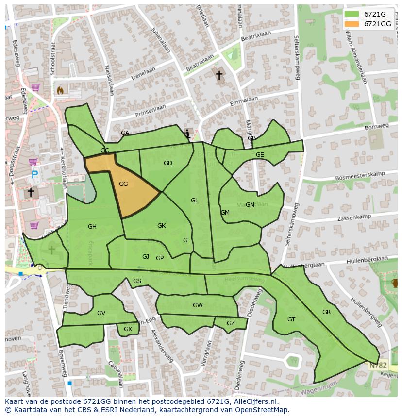 Afbeelding van het postcodegebied 6721 GG op de kaart.