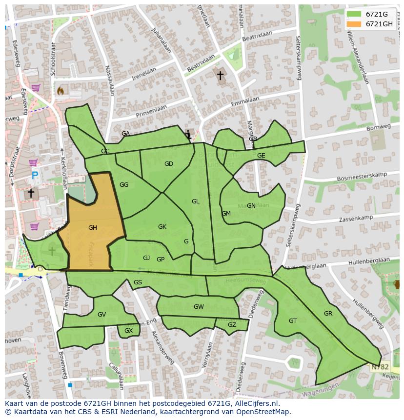 Afbeelding van het postcodegebied 6721 GH op de kaart.