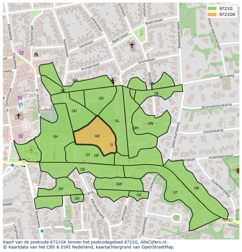 Afbeelding van het postcodegebied 6721 GK op de kaart.