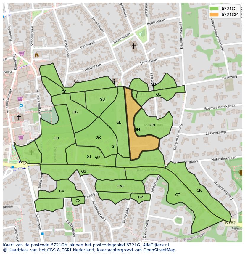 Afbeelding van het postcodegebied 6721 GM op de kaart.