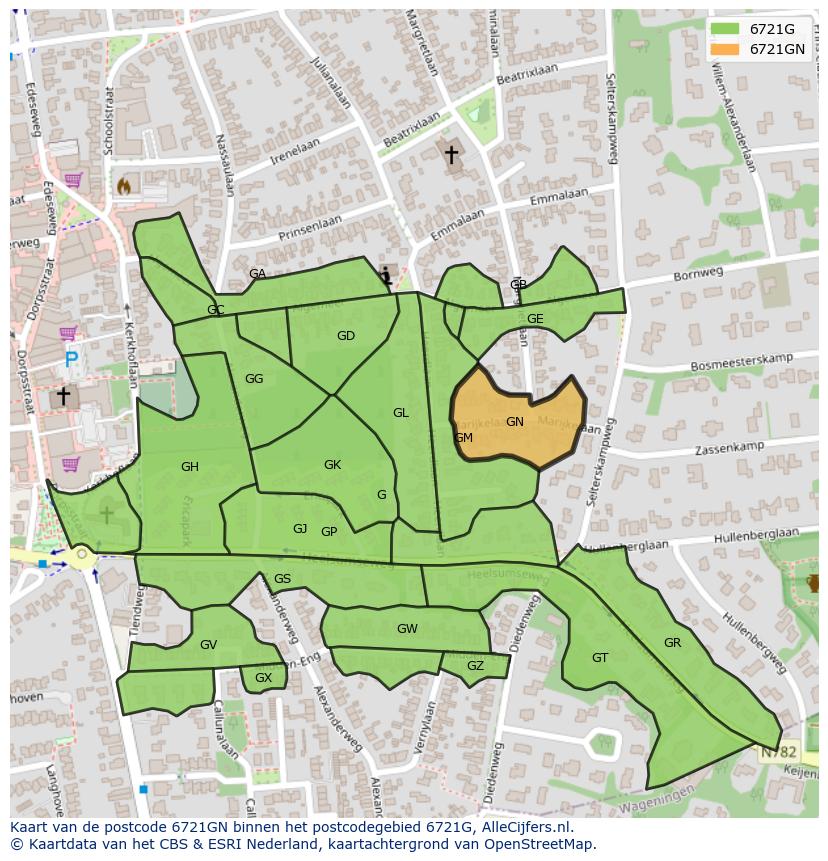 Afbeelding van het postcodegebied 6721 GN op de kaart.