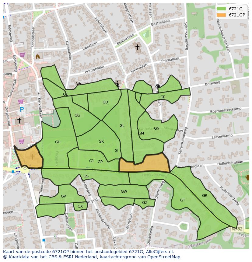 Afbeelding van het postcodegebied 6721 GP op de kaart.