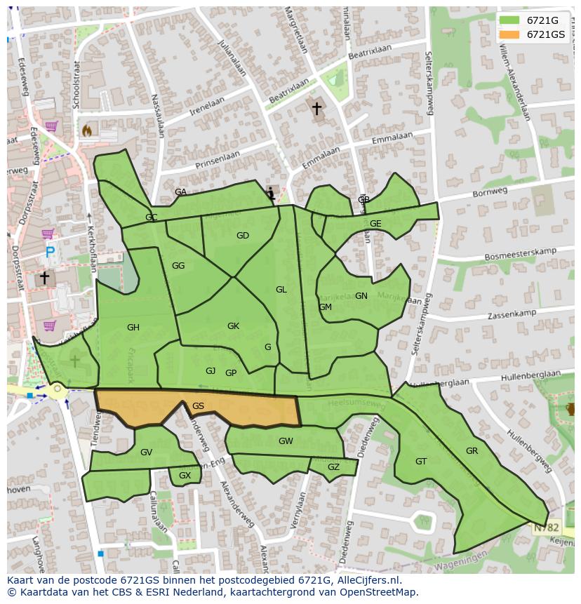 Afbeelding van het postcodegebied 6721 GS op de kaart.