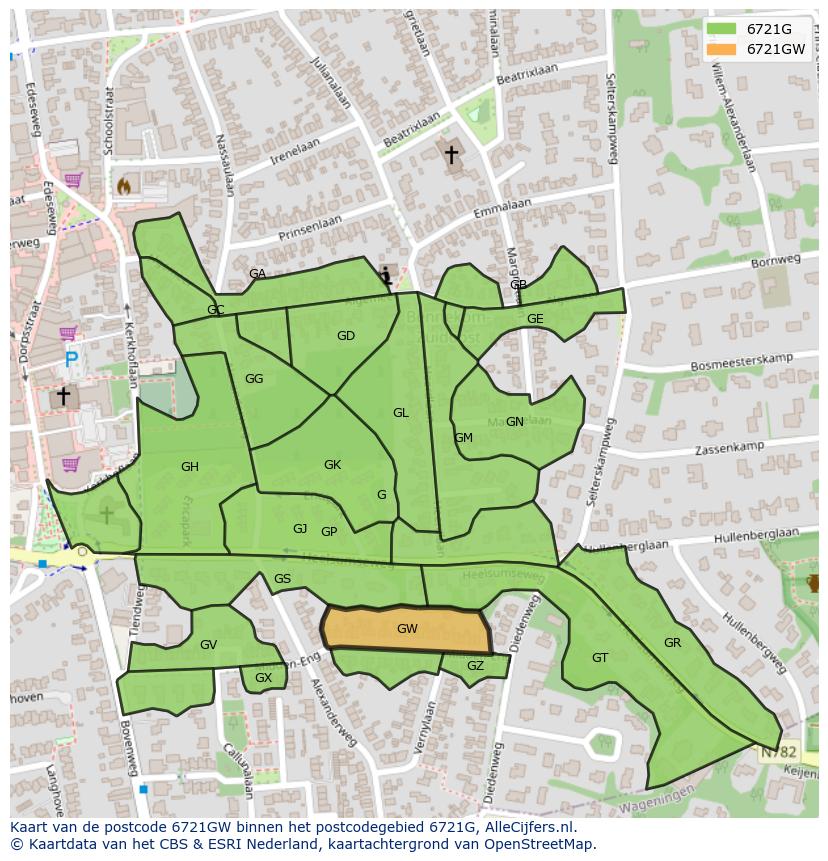 Afbeelding van het postcodegebied 6721 GW op de kaart.