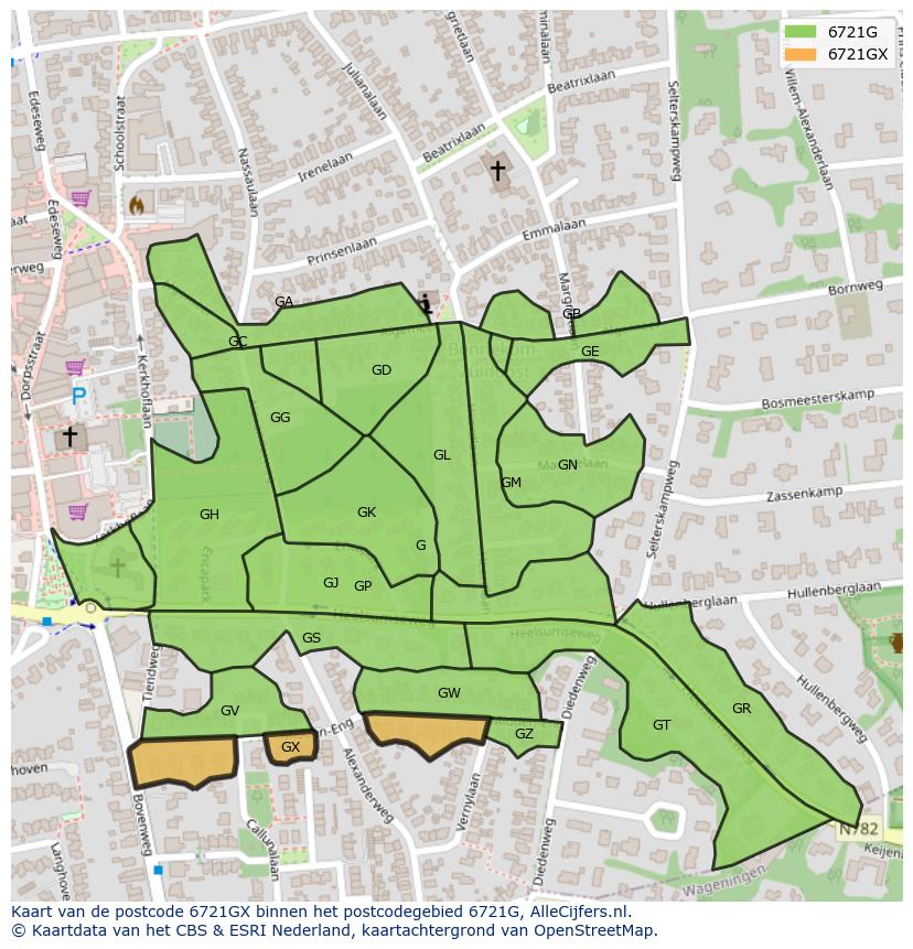 Afbeelding van het postcodegebied 6721 GX op de kaart.